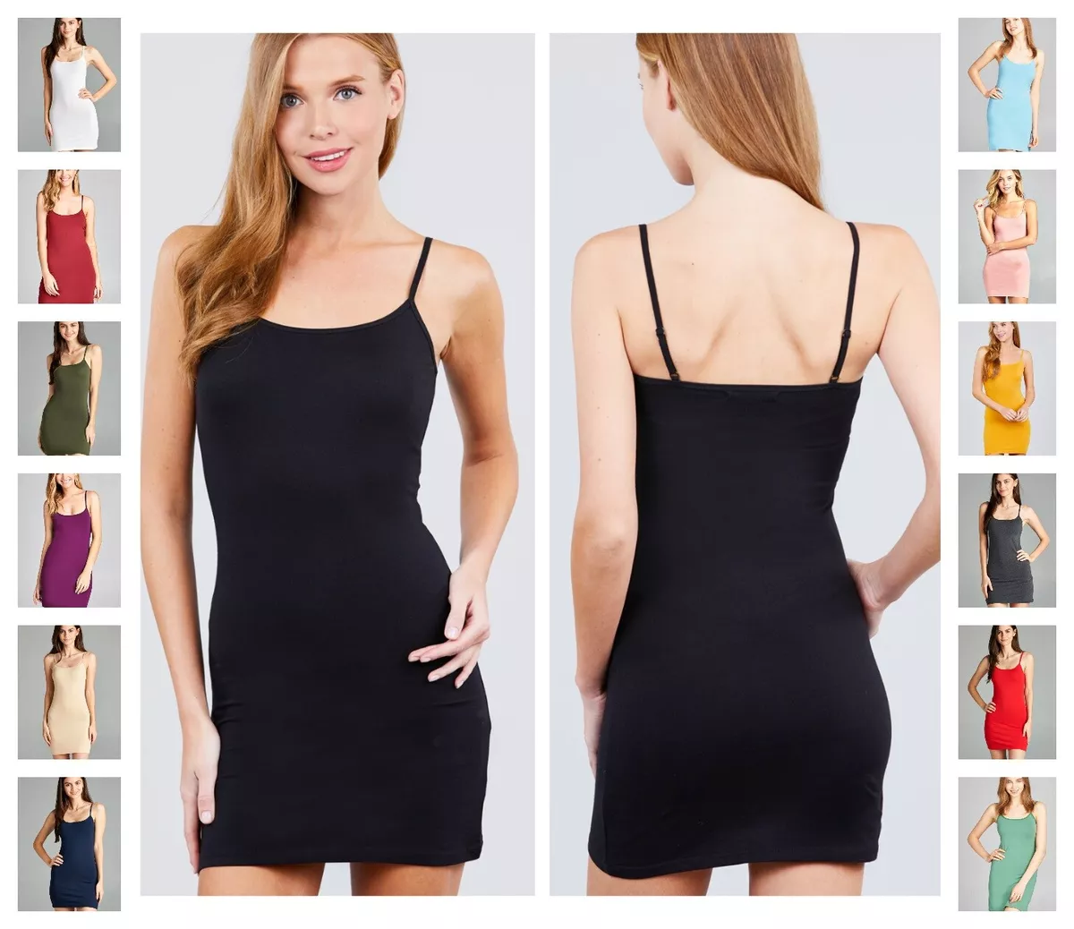 COTTON SPANDEX EXTRA LONG CAMI CAMISOLE TUNIC TOP BODYCON MINI DRESS SLIP S- XL