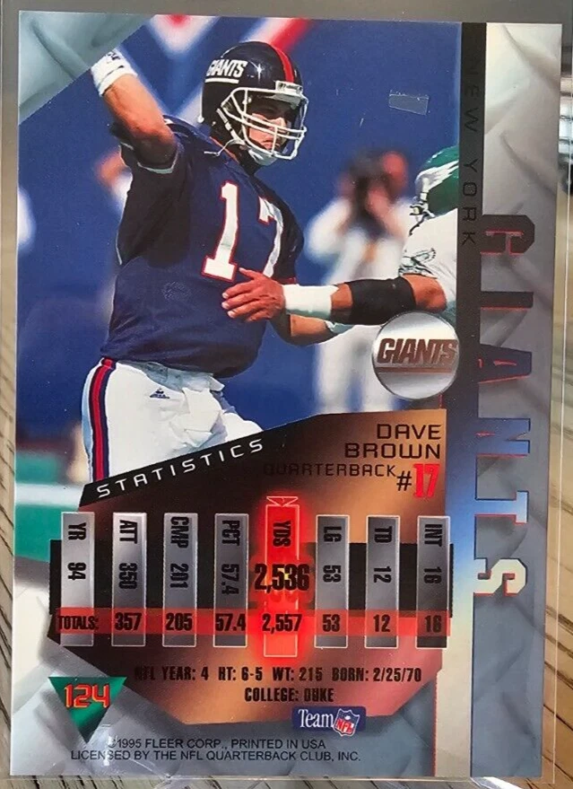 1995 Fleer Metal Dave Brown #124 New York Giants - Image 2 of 2