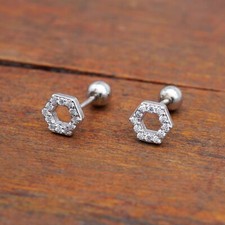 Sterling Silver TINY Open Hexagon CZ Stud Helix Tragus Piercing Earrings A4505