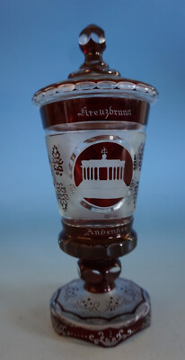 Rotglas Andenken Deckelpokal Pokal Marienbad Überfang Glas um 1900 (0223-151)