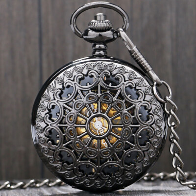 Steampunk Black Mechanical Pocket Watch Chain Transparent Analog Watches for Men