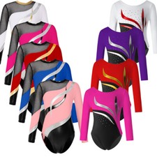US Girl's Shiny Dance Outfits Long Sleeve Gymnastics Leotard Rhinestone Jumpsuit