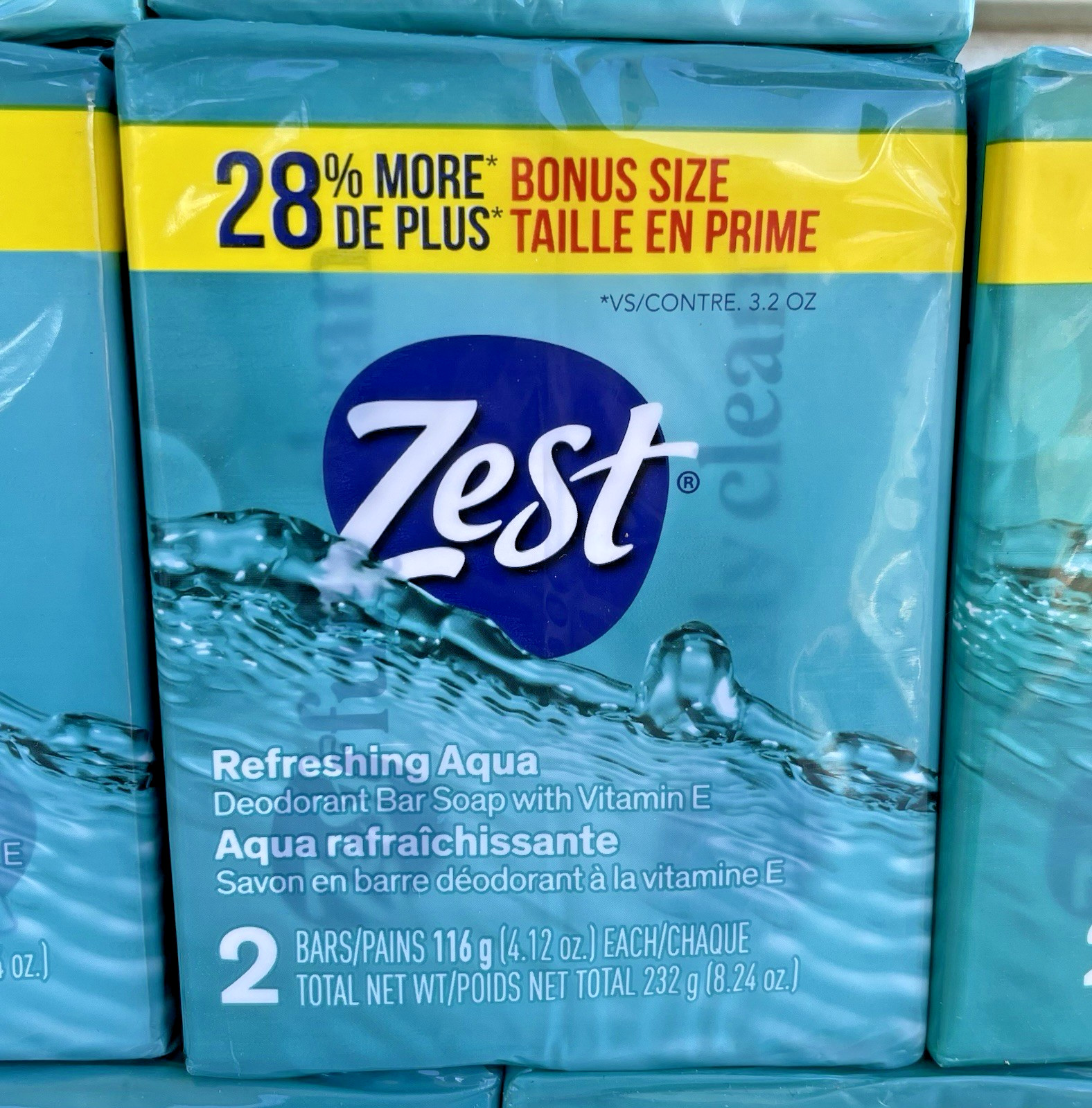 Zest Deodorant Bar Soap, Hydrating Moisture for All Skin Types, Aqua, 22 Bars