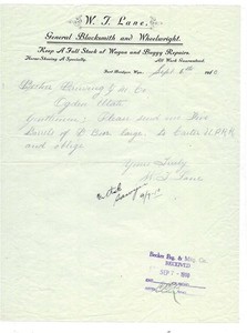 W. T. Lane, Blacksmith & Wheelwright - Fort Bridger, Wyoming - 1910 Letterhead