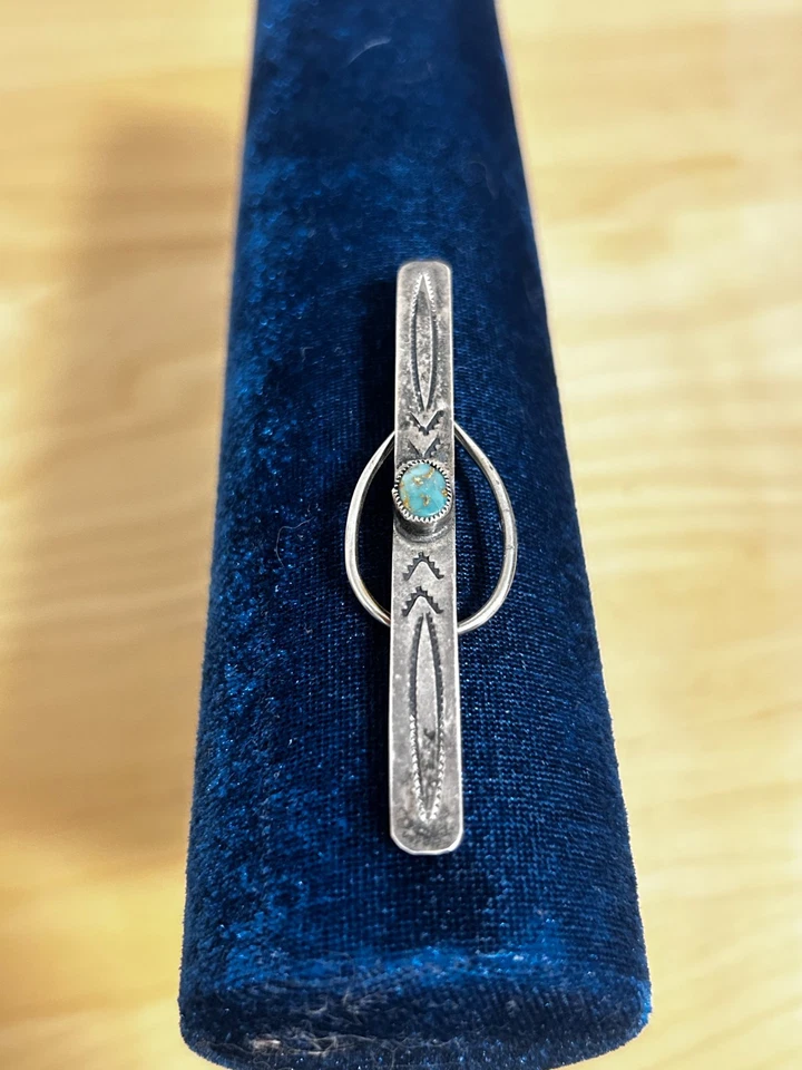 Vintage Navajo Sterling Silver Tie Bar or Money Clip With Turquoise Stone - Image 2 of 4