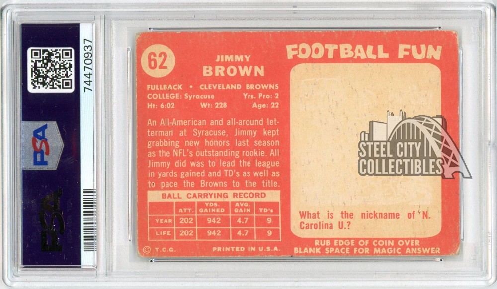 Jim Brown 1958 Topps Football Autograph Rookie Card #62 PSA Authentic PSA/DNA 9 view 2