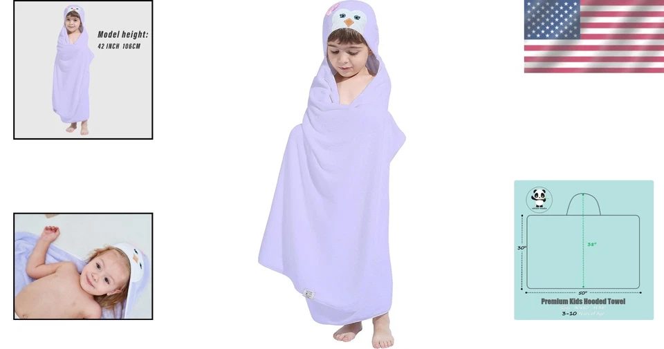 Extra Thick and Absorbent Kids Bath Towel - Hooded Design, 30x50 Purple Penguin - Image 2 of 4