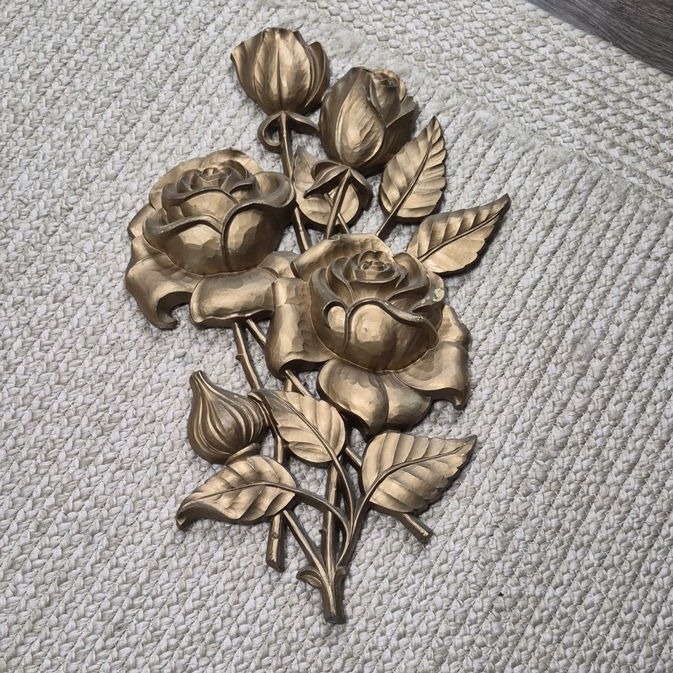 A genuine 1962 Syroco-era resin rose bouquet plaque — the kind of kitschy-charming wall art that looks incredible in a curated vintage interior or maximalist gallery wall.