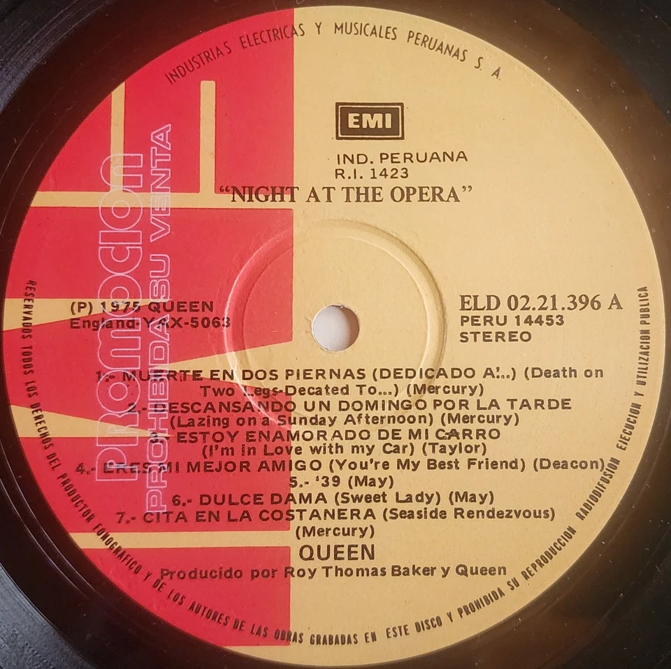 QUEEN A Night At The OPERA  LP  Rare Promo Peeruvian - Image 4 of 4