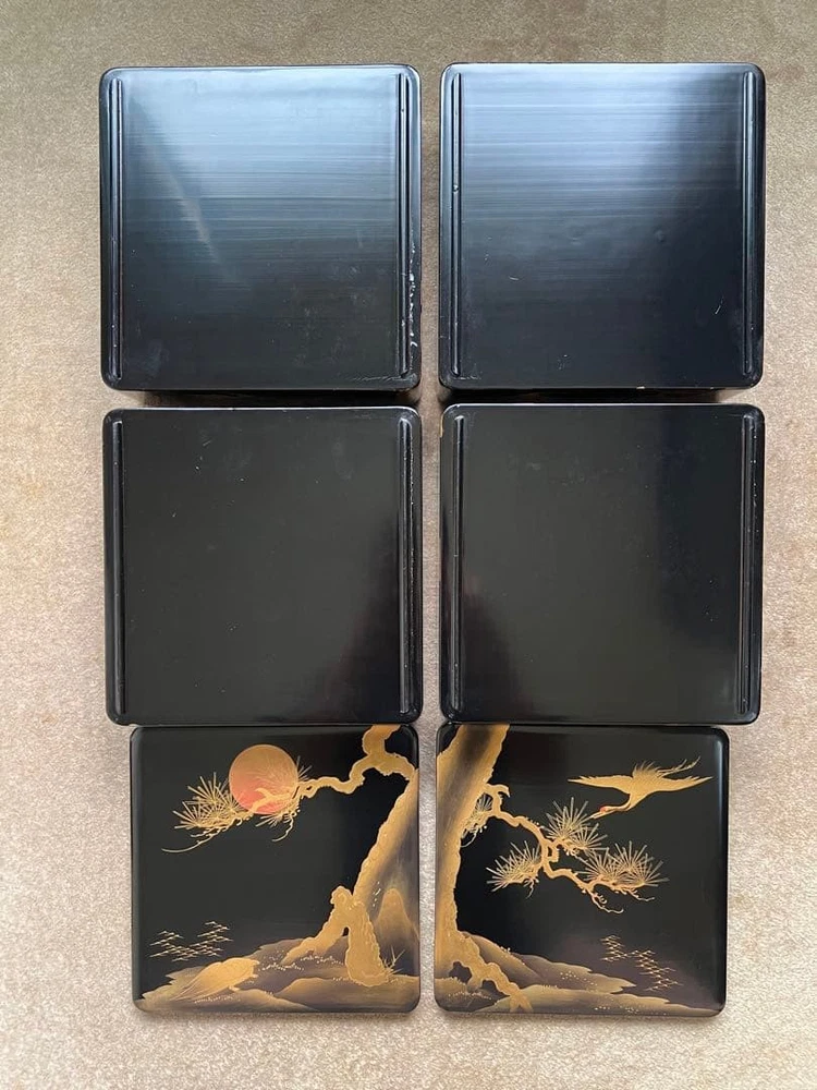 Jubako Bento Box Japanese Lacquer Wooden Makie Gold 4 Tiers Crane Turtle Pine An