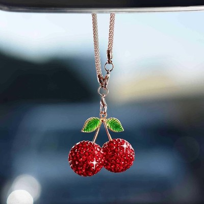 Bling Cherry Car Hanging Ornament, Cute Crystal Rear View Mirror