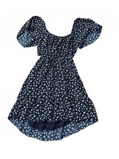 Altar'd State Women's Mini Dress Navy Blue Floral Puff Sleeve Boho Tie Size M