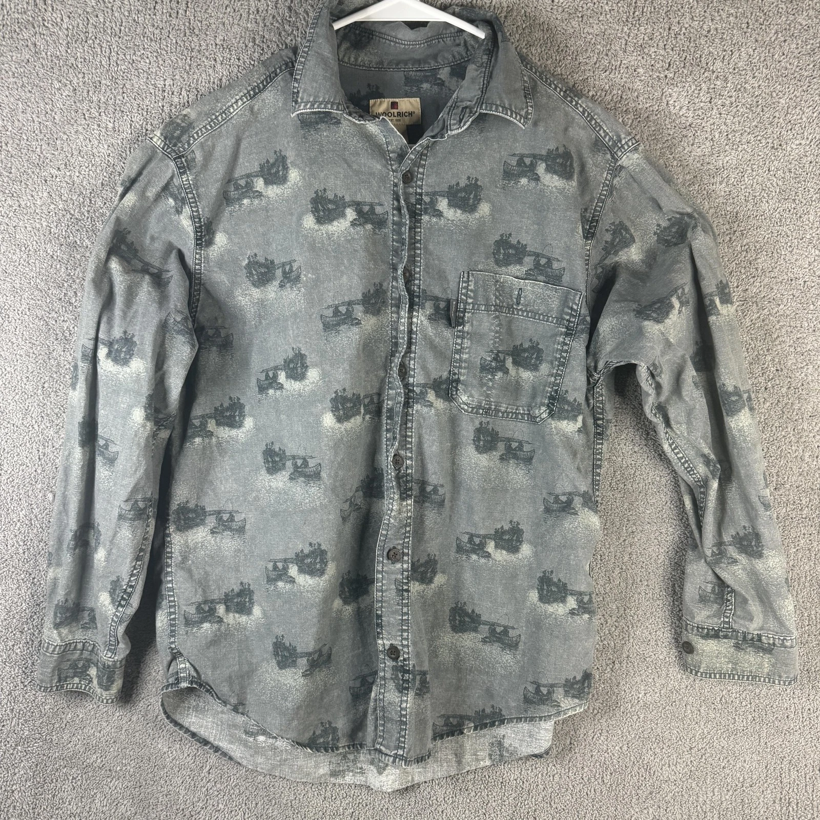 Woolrich Shirt Mens Medium Gray Canoe Fishing Print Button Front Long Sleeve