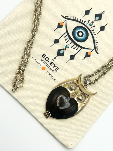 Gold Tone Owl Pendant Necklace with Brown Shimmer Enamel Belly