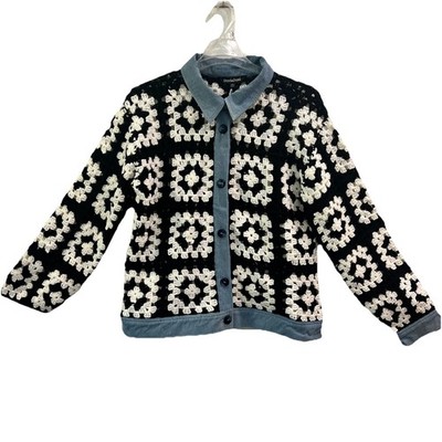 Davi & Dani Knit Cardigan Sweater Women 3x Black White Check Granny Square Jean