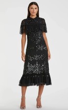 Mac Duggal Black Sequined High Neck Ruffled Midi Dress Size 6 #9193