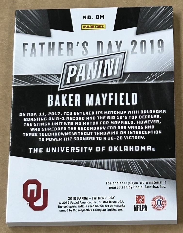 2019 Panini Father's Day BAKER MAYFIELD Player Worn Patch 17/25 Cracked Ice - Image 2 of 4