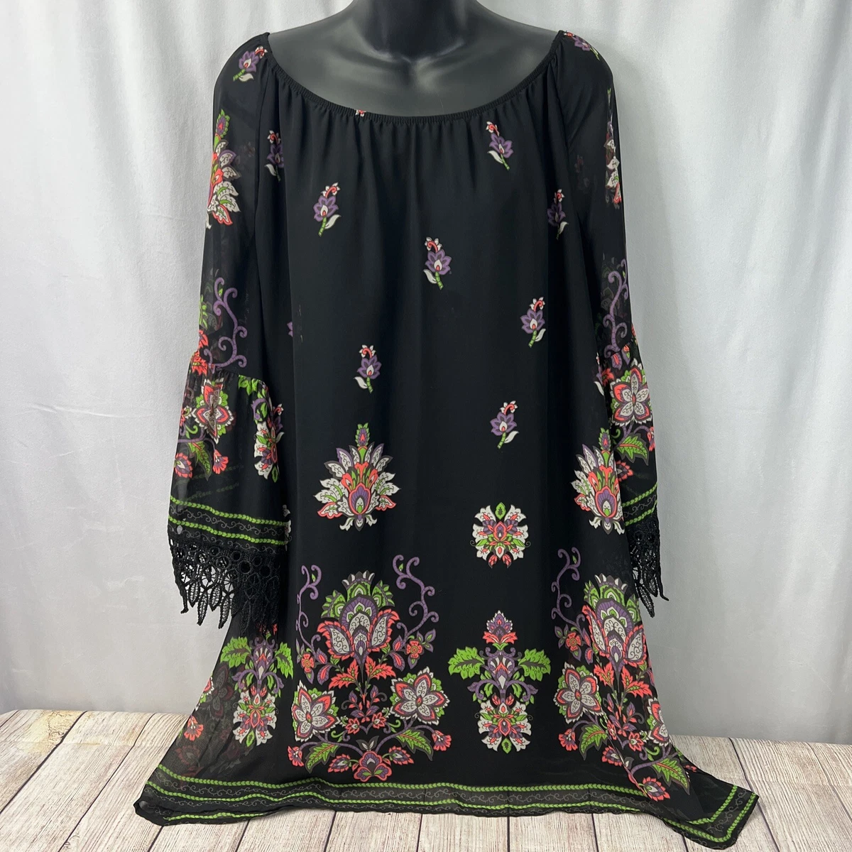 Yahada Made In USA Floral Print Black Fringe Tunic Dress Bohemian Size L Lined