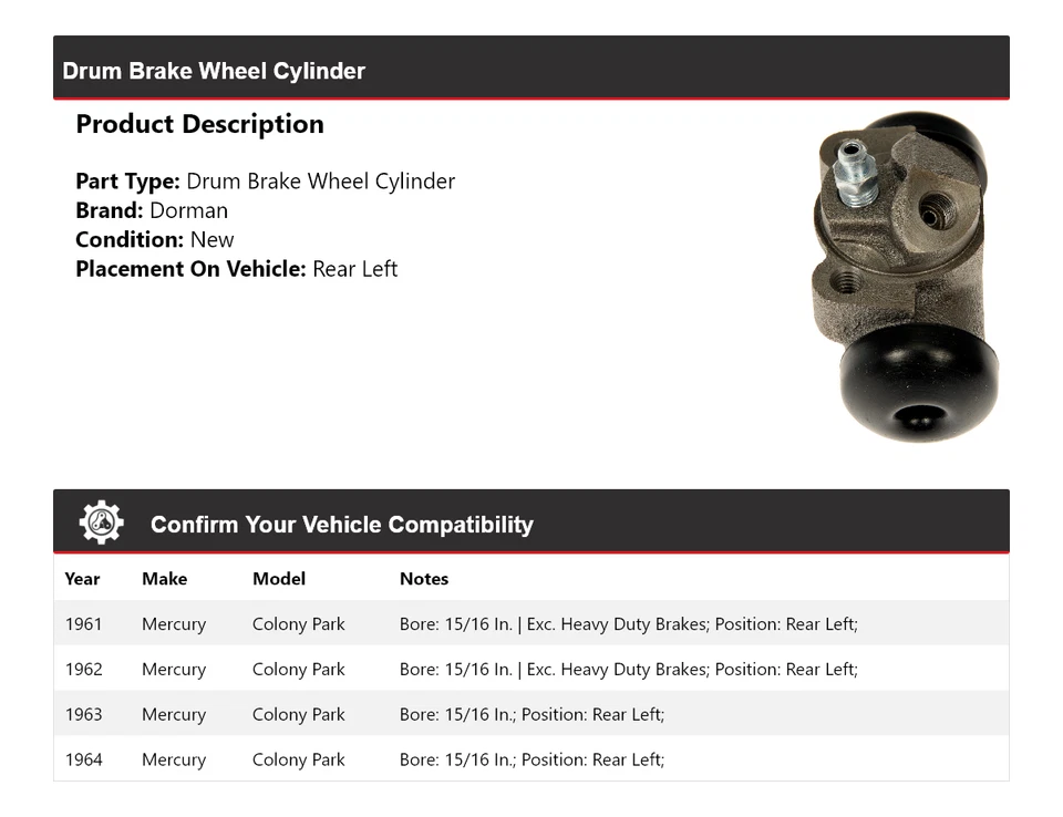 Cilindro de rueda de freno de tambor trasero izquierdo Mercury Colony Park Dorman 1961-1964 Foto 2 de 4