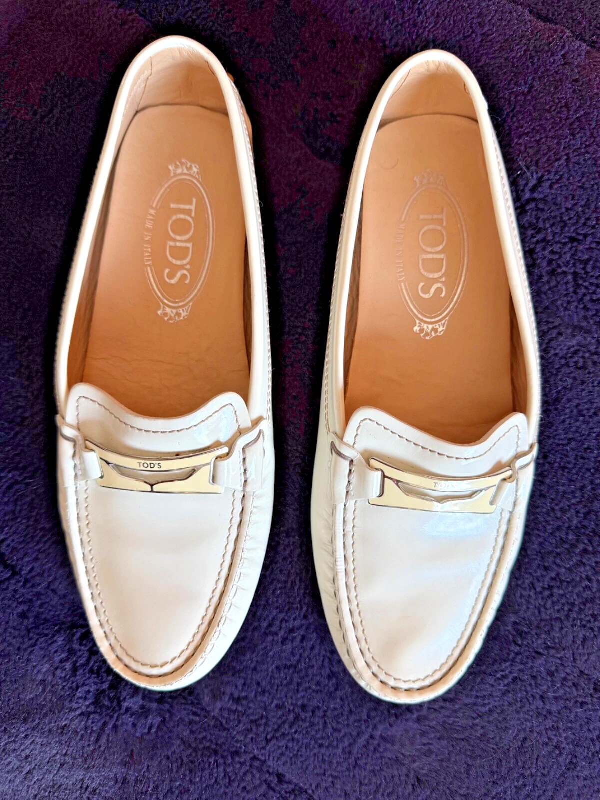 TOD’S TODS 7 Mocassini da Guida Mocassini Piatti Bianco Scarpe Verniciate Taglia 7