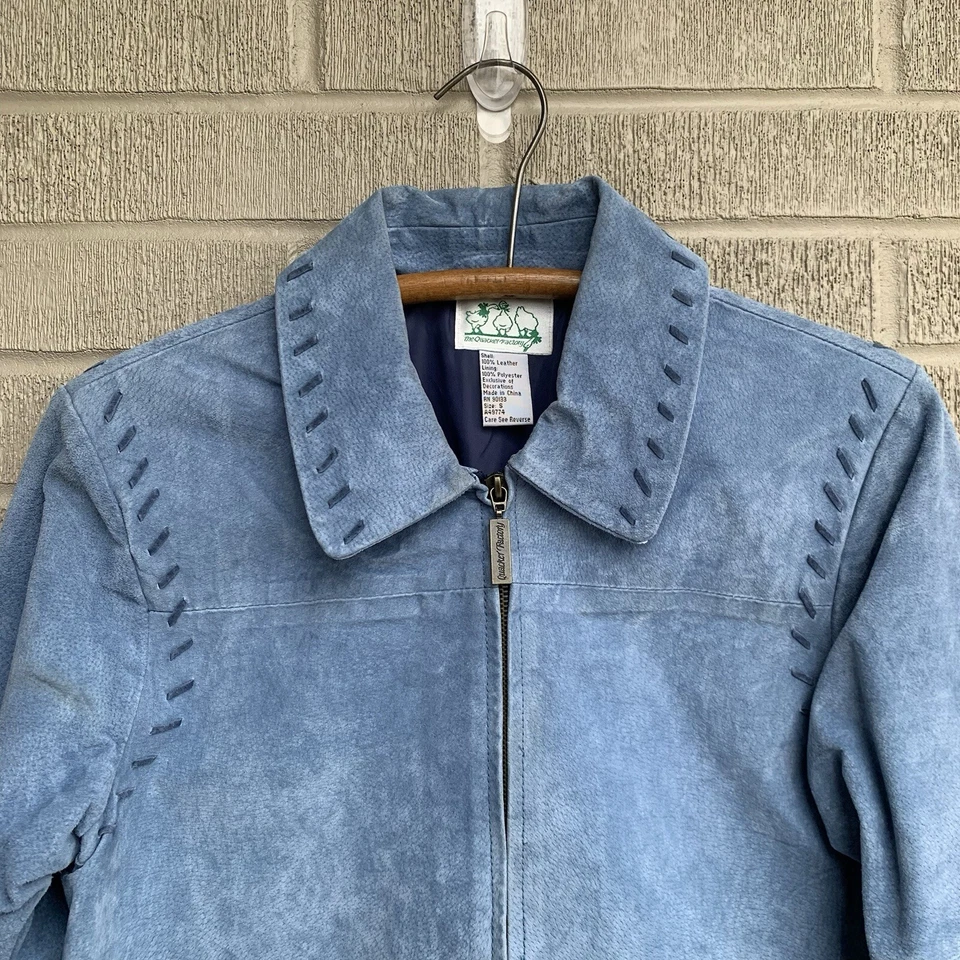 Vtg Suede Jacket w/ Sunflowers Size SMALL The Quaker Factory Blue Suede - Image 2 of 4