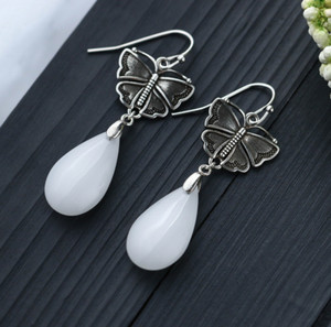 Authentic Jade Bohemian Drop Dangle Earrings Retro Butterfly 18K Gold Plated Gemstone