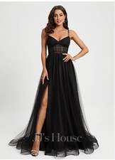 Ball-Gown/Princess V-Neck Sweep Train Tulle Prom Dresses With Pleated