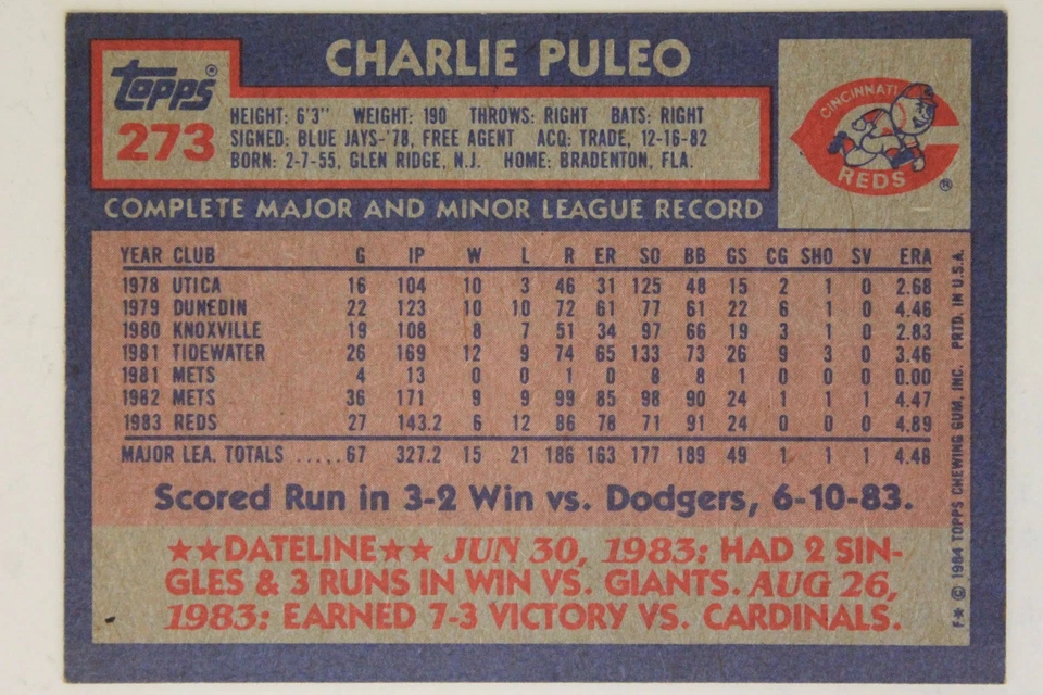 CHARLIE PULEO Cincinnati Reds Mets Autograph 1984 Topps #273 Signed Card 16G - Image 2 of 2
