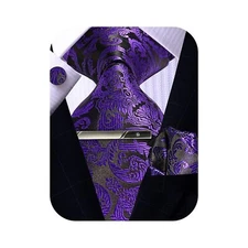 Mens Purple Paisley Tie Pocket Square Cufflinks Tie Clip Set Silk Woven Neckt...