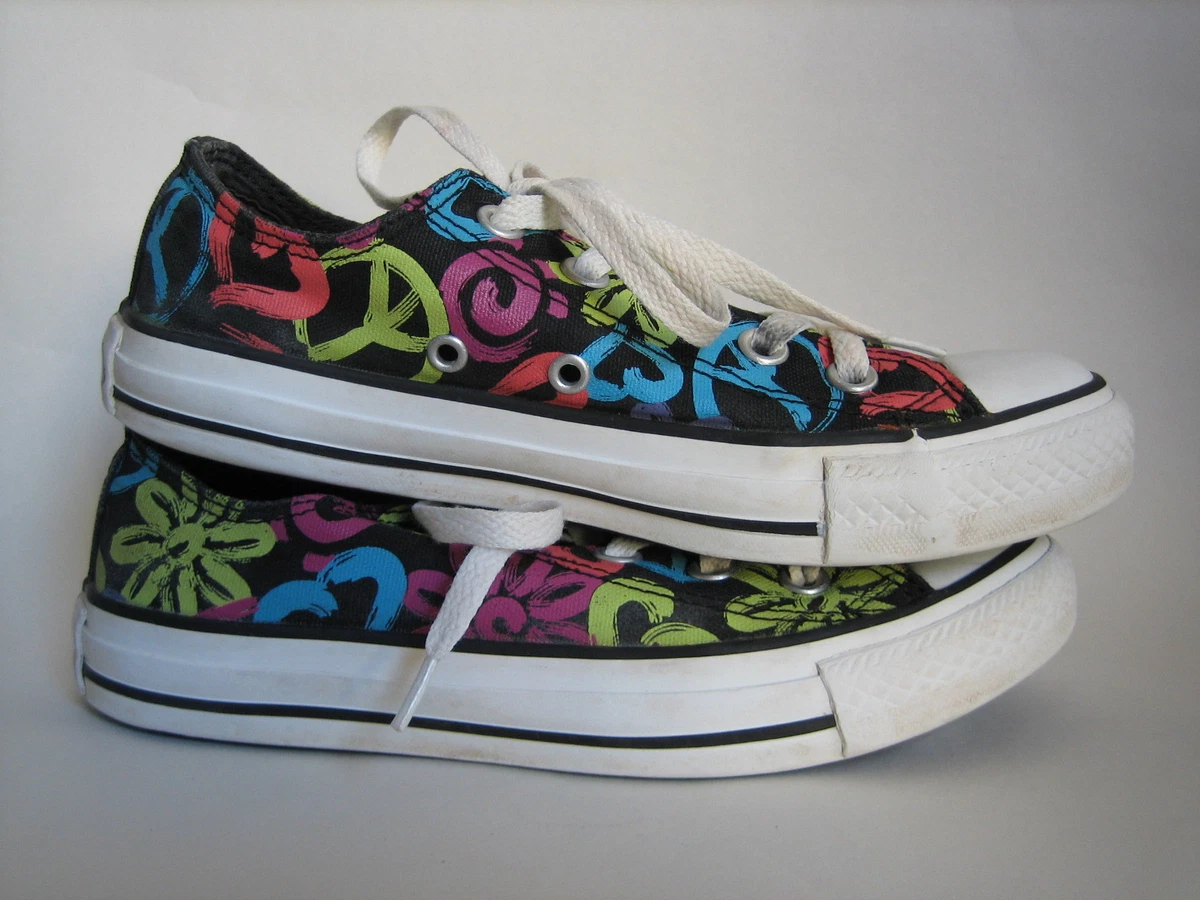 CONVERSE Peace Love Flowers Shoes Black Low Top Canvas Sneakers