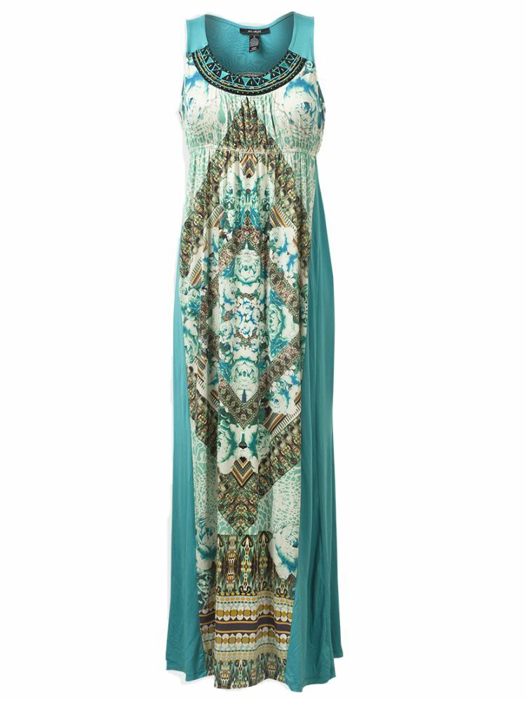 Jade Green Silky Slip on Embellished Strech Holiday Beach Maxi Dress Size 8 
