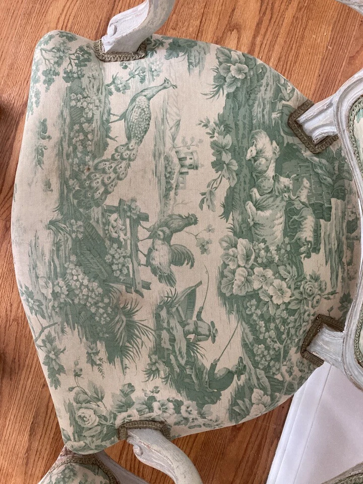 Louis XV cabriolet Armchairs fauteuil french chairs antique pair toile de jouy - Image 2 of 4