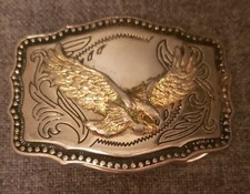 American Bald Eagle Belt Buckle. Made In USA. Silver With Gold Tone Eagle.