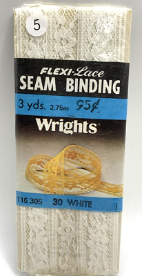 Wrights Flexi-Lace Seam Binding 3/4'' Wide 3 yds White 30 116 305 VTG 1986