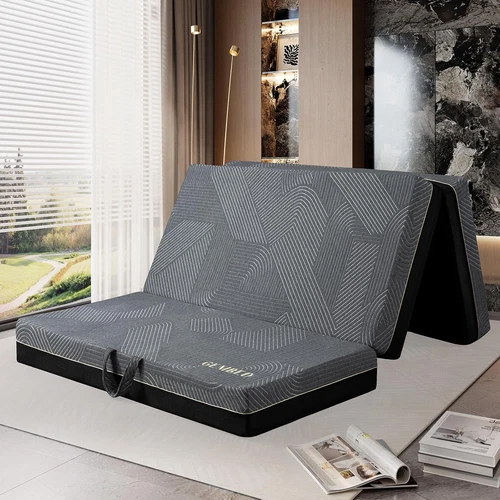 Tri Folding Mattress Queen Size - Memory Foam Tri-Fold Handle & Non-Slip Bottom,
