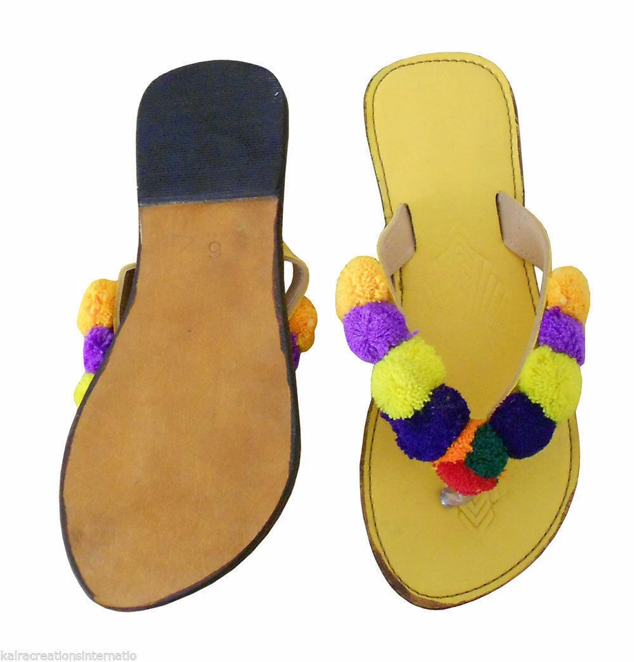 Chanclas planas étnicas amarillas de cuero indio hechas a mano para mujer EE. UU. 5 Foto 3 de 4