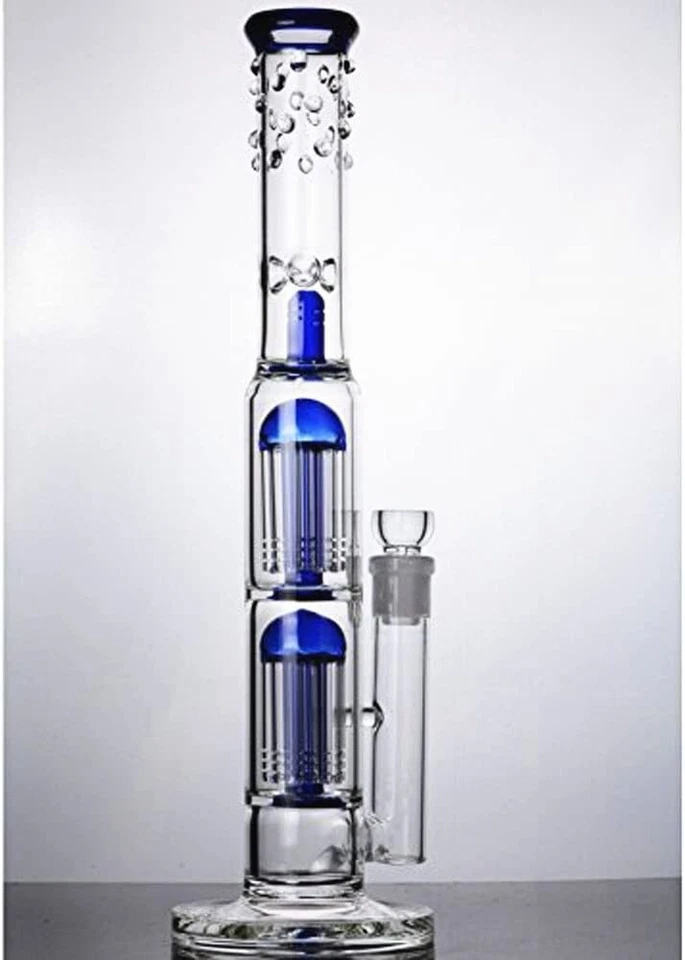 RORA 16" Tall Glass Bong Double Tree Large Glass Water Pipe Smoking Hookah with 18mm