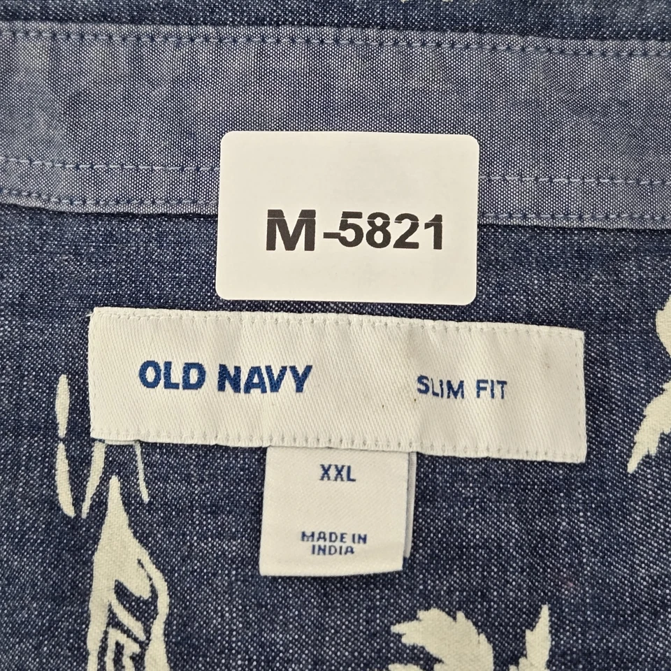 Camisa con botones Old Navy para hombre 2XL azul floral palmeras isla hawaiana calce ajustado Foto 2 de 4