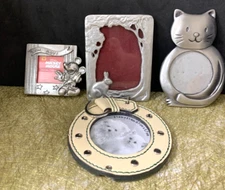 Vintage Set of 4 mini picture frames beige leather, 3 silver tone metal pewter