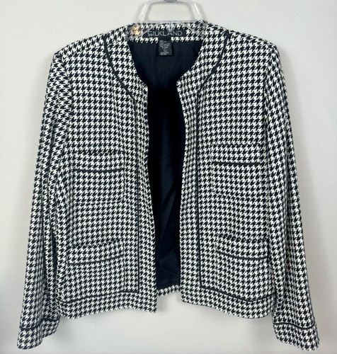 SILKLAND Blazer 100% Silk Houndstooth Open Front Pockets Lined Jacket Career L - Picture 2 of 11