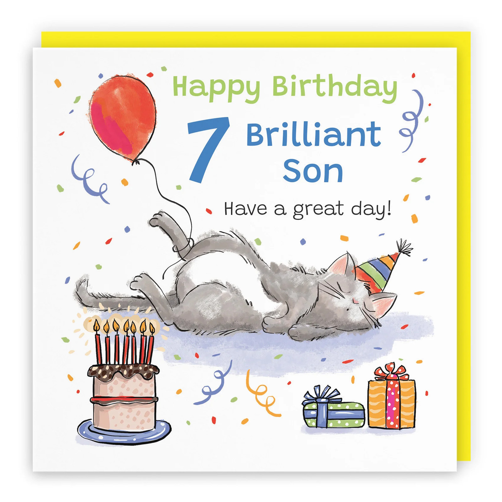 7th Son Birthday Card Sleepy Cat Animal Party