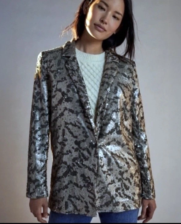 Blazer Jordyn Anthropologie Maeve Lentejuelas Nuevo con Etiquetas - Negro y Plateado - Talla M Foto 2 de 4