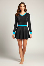 Womens Black Solid Glitter V-Neck Long Sleeve Short A-Line Costume w/ Blue Trim