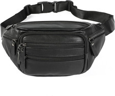 Black Leather Fanny Pack for Men  Women, Fashionable Multi-Pockets Waist Belt B
