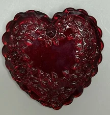 Mosser Glass RED Heart Shaped Glass Trinket Box - Rose designed lid  4"
