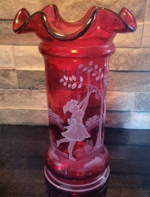 専用 クリスタルフラワーとレッドファントム A94 Fenton Cranberry Glass Vase Mary Gregory Hand Painted LTD Edition