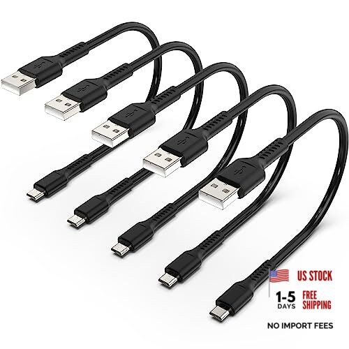 Short Micro USB Cable 1ft [5 Pack] USB 2.0 Micro USB Charging 1 Feet Black