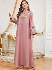 Ramadan Long Dress Maxi Robe Abaya Muslim Women Embroidery Kaftan Flower Modest
