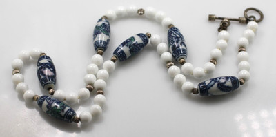 VTG white glass Asian style flow blue beads strand necklace 925 toggle MEXICO