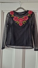 M&S Black Mesh Rose Top Size  10